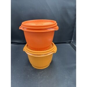 Tupperware Bowls  Servalier with 2 Lids , Reddish Orange & Orange Vtg USA